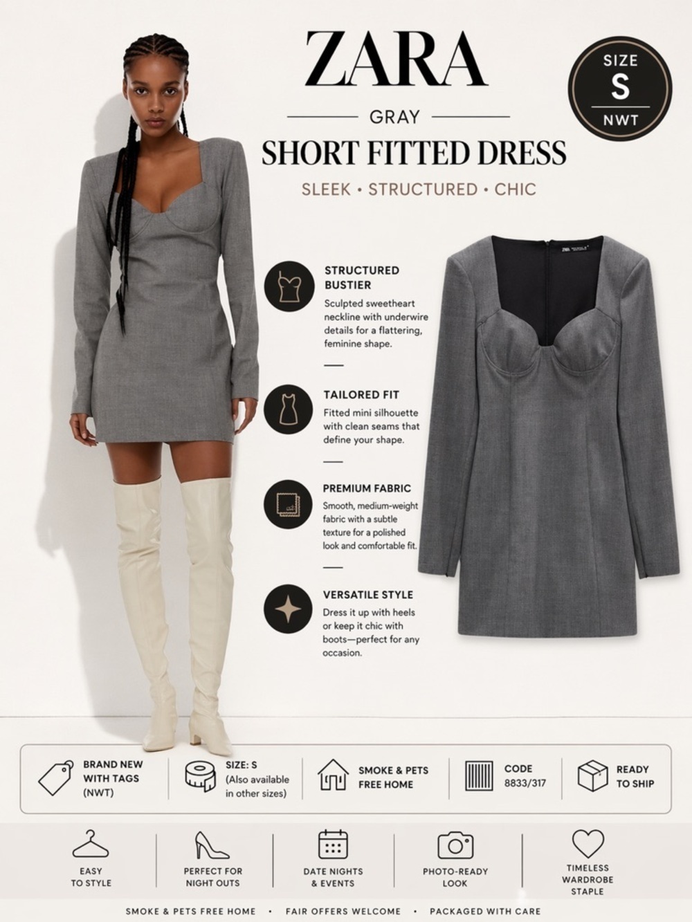 ZARA Gray Fitted Mini Dress Long Sleeve Sweetheart Neck NWT Size S